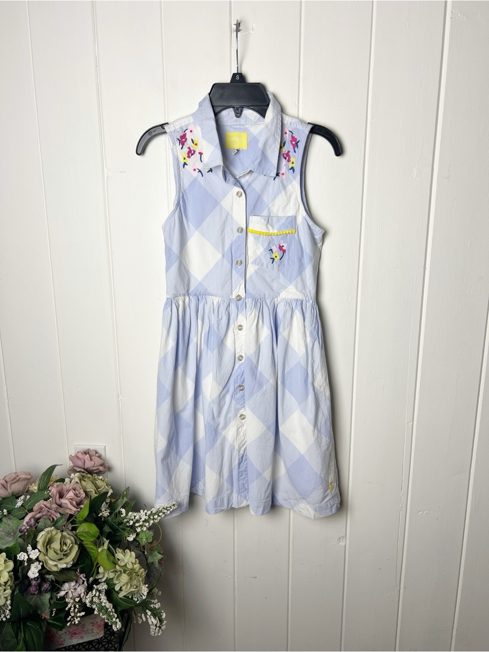Joules Girl’s Blue Check Dress with Embroidered Details